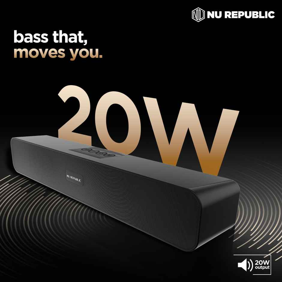 Nu Republic Soundbar 20 Bluetooth Soundbar with X-Bass Technology, 52mm Dynamic Drivers, Upto 12 Hrs Playtime, 20 W Output, Aux/USB Port, 5.0 Channel - Black