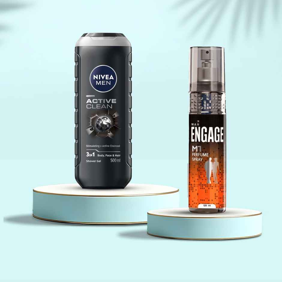 Nivea Men Active Clean Shower Gel (500ml) & Engage M1 Perfume For Men, Citrus & Woody Fragrance Scent, Skin Friendly (120ml) Combo