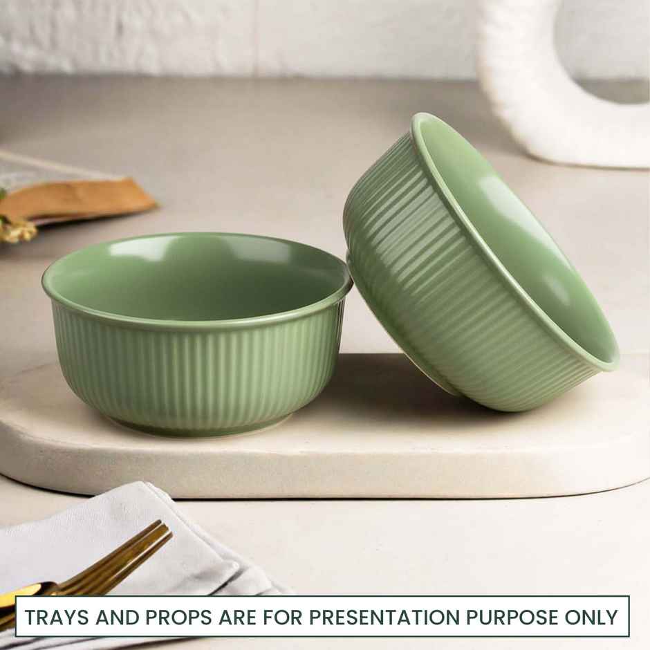 The Earth Store Green Fringe 2Pc Ceramic Bowl Gift Set, 500 ml Each Microwave Safe, Snack Serving