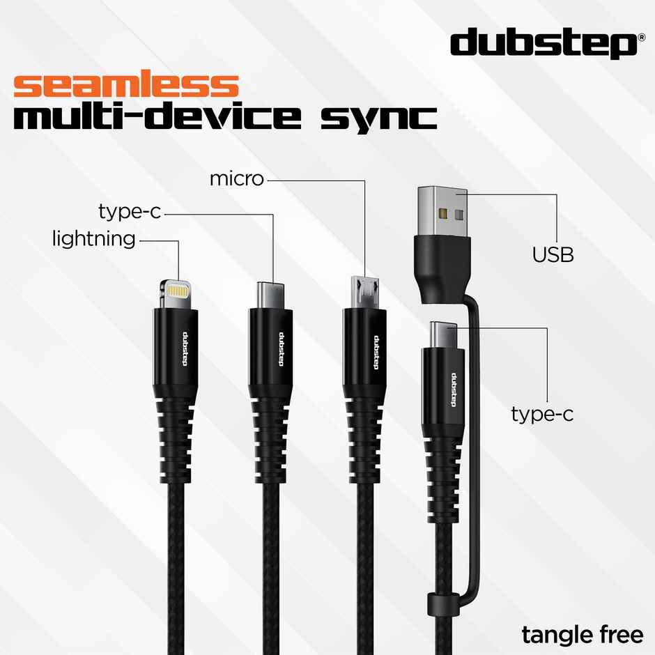 Dubstep Blaze Hexa 30W 6 in 1 USB Cable 1.2m with Changeable USB Head to USB-A to Type-C To Type-C + MicroUSB + Type-L Fast Charging Cable (Compatible with Mobile, Tablet, Laptop, Black, One Cable) - Black