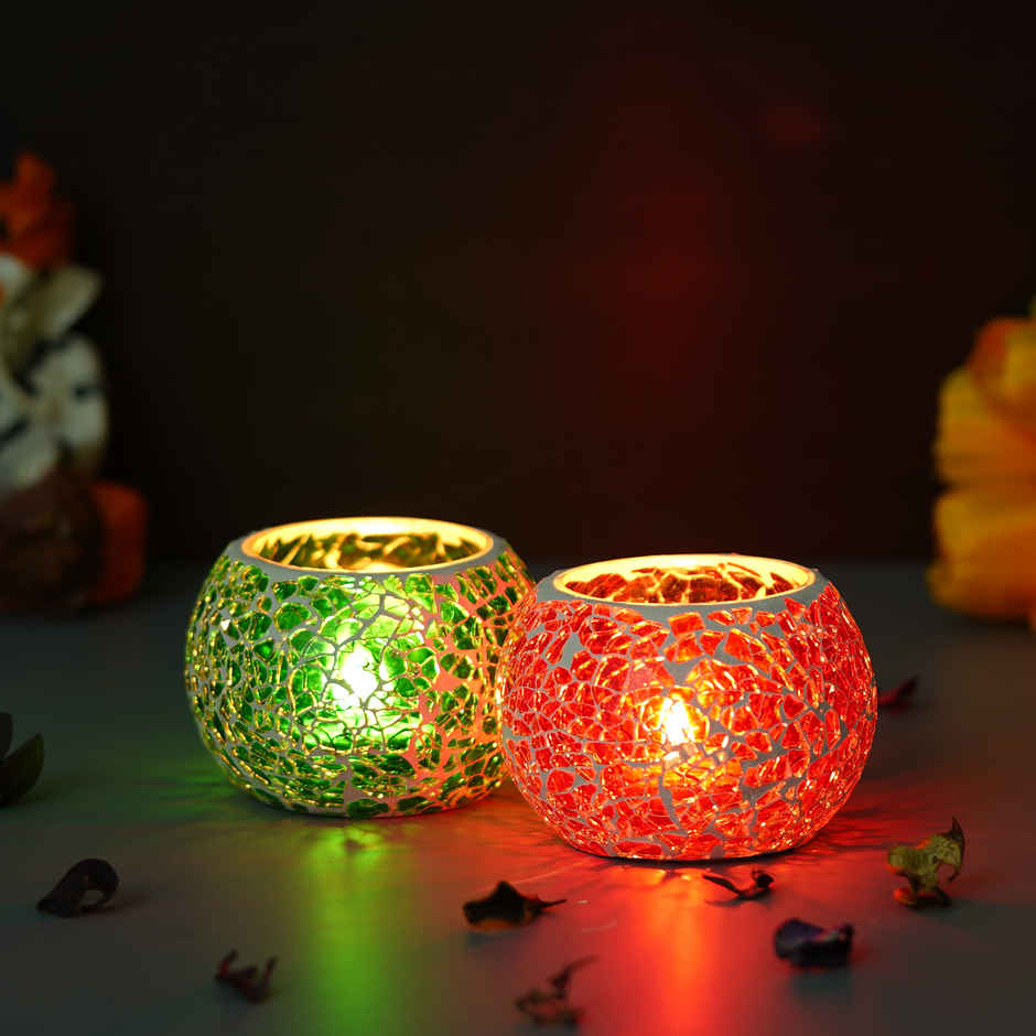 eCraftIndia Red & Green Set of 2 Mosiac Glass Decorative Tea Light Holder/diya