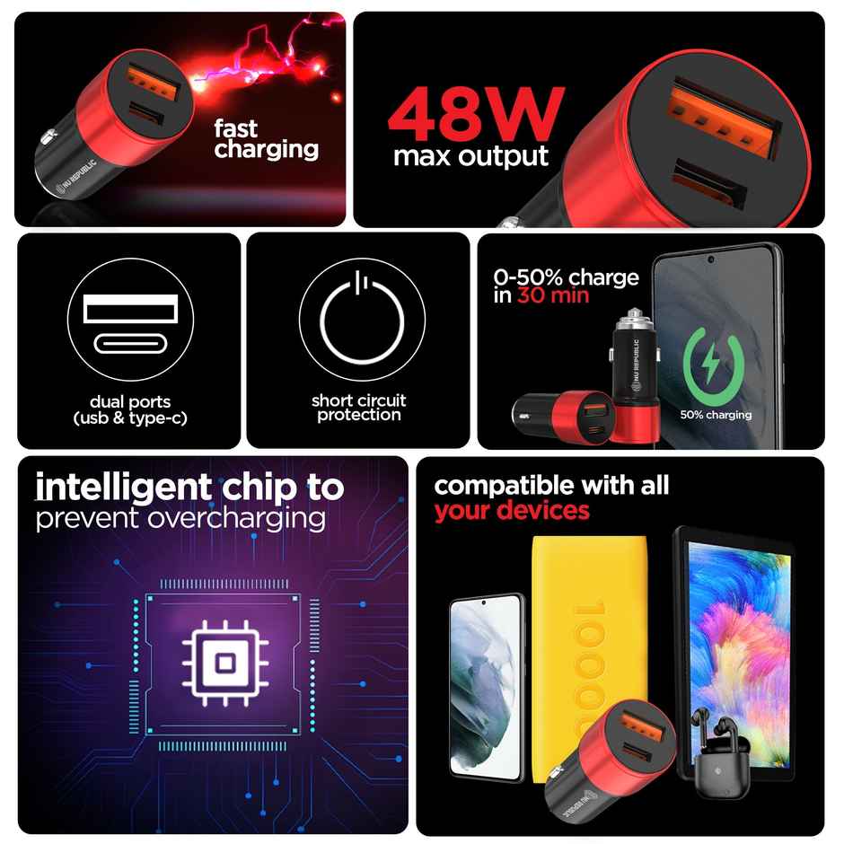 Nu Republic Swift All-in-one 48W Dual Port USB & Type-C Superfast Car Charger (Black/Red)
