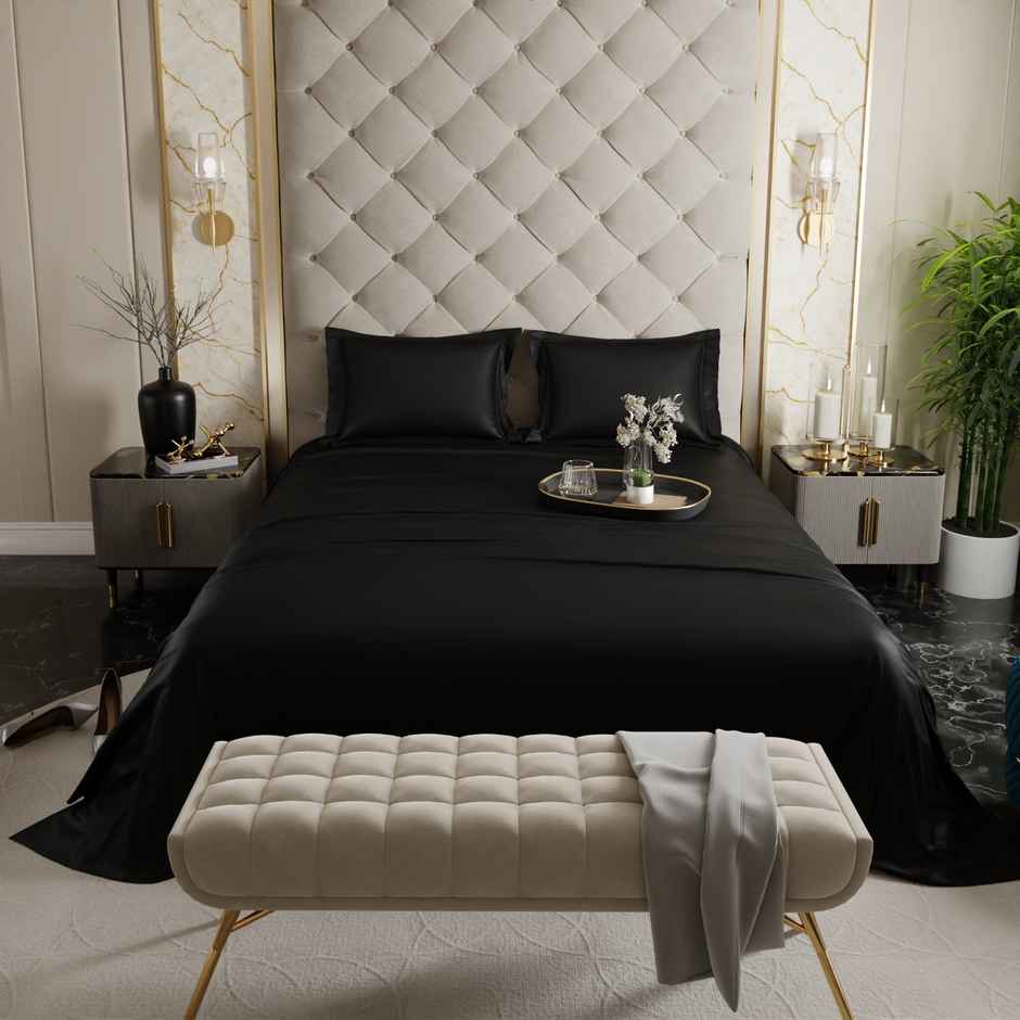 Stoa Paris Midnight Black Flat Bedsheet Set - Double - 2 Pillow Covers