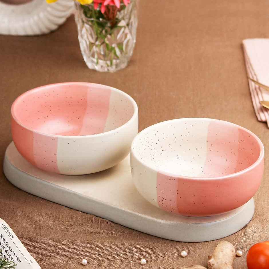 The Earth Store TT Pink Matte 2Pc Ceramic Bowl Gift Set, 500 ml Each Microwave Safe, Snack Serving