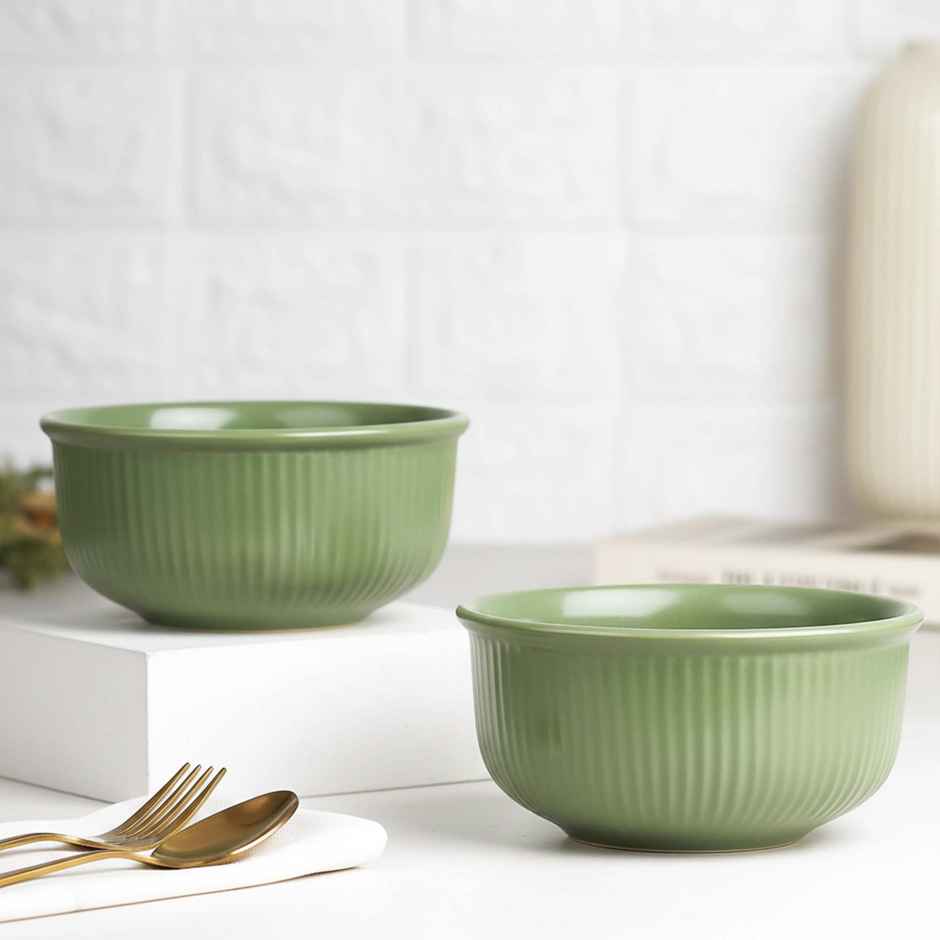 The Earth Store Green Fringe 2Pc Ceramic Bowl Gift Set, 500 ml Each Microwave Safe, Snack Serving