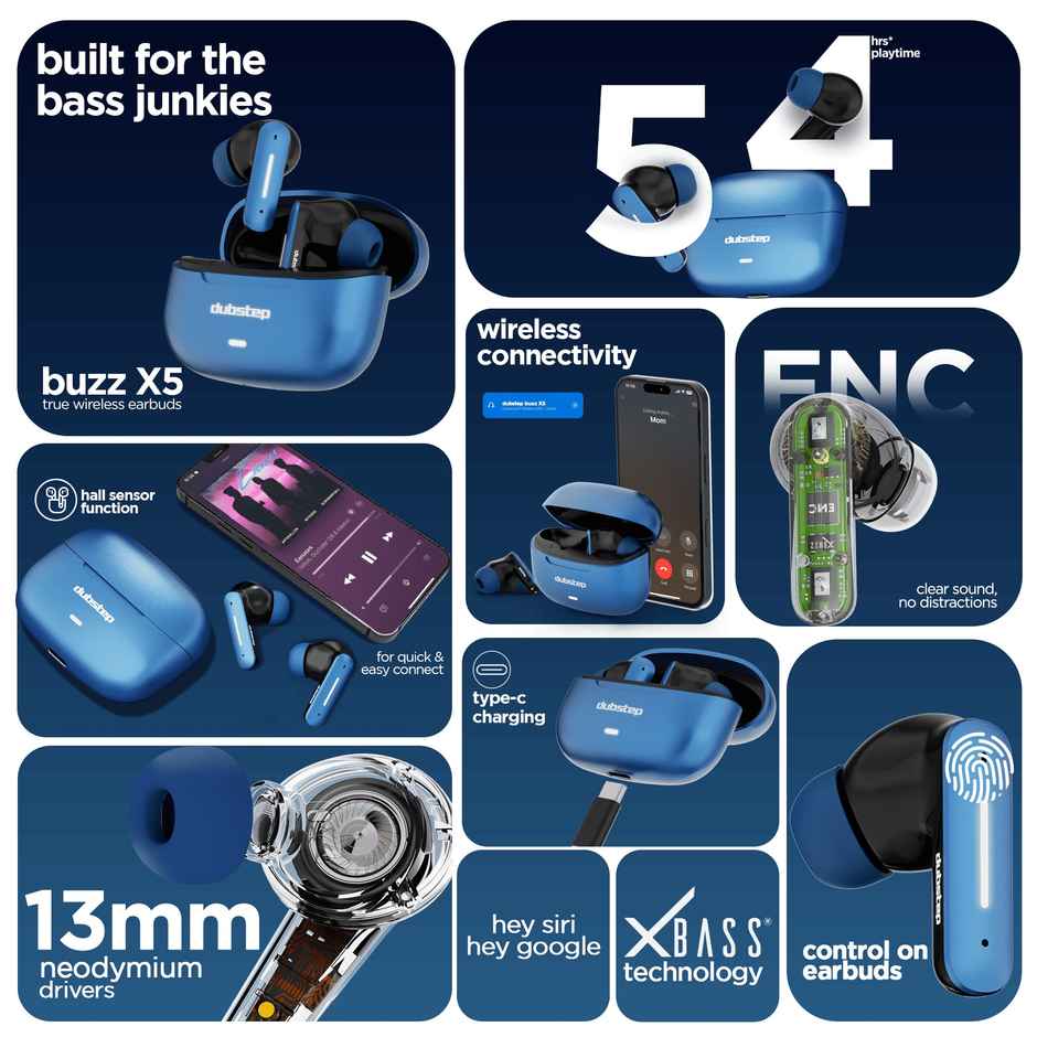 Dubstep Buzz X6 TWS Earbuds Upto 54hrs Playtime|13mm Neodymium Driver| XBass Technology|TWS Ear Buds Wireless Earphones with mic - Blue