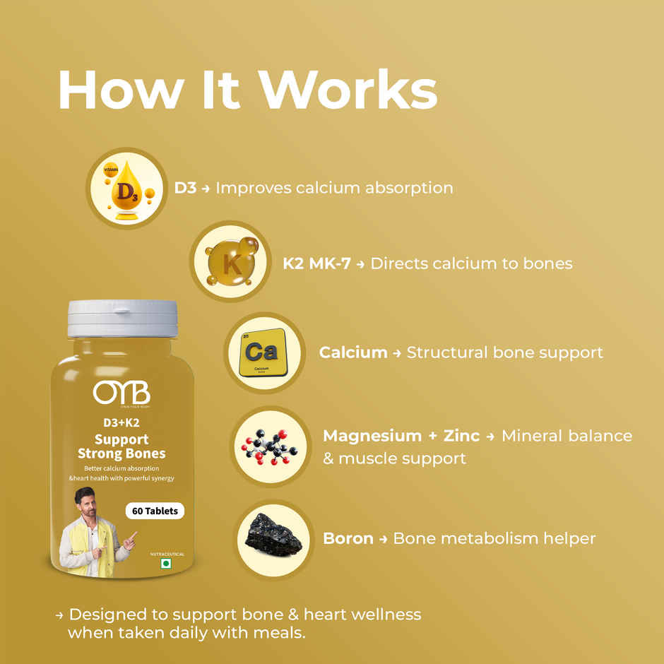 OYB D3 + K2 for Bone & Heart Health with D3, K2 MK-7 & Calcium | 60 Tablets | OYB D3 + K2