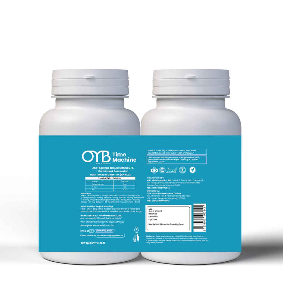 OYB Anti-Ageing Formula with CoQ10, Curcumin & Resveratrol | 30 Tablets | OYB Time-Machine