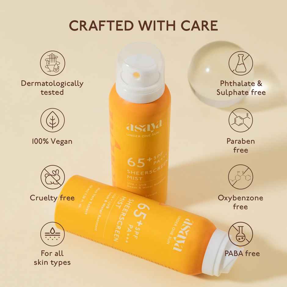 Asaya In-Vivo Tested SPF 65 PA+++ Lightweight Quick Dry Sunscreen for Face and Body 