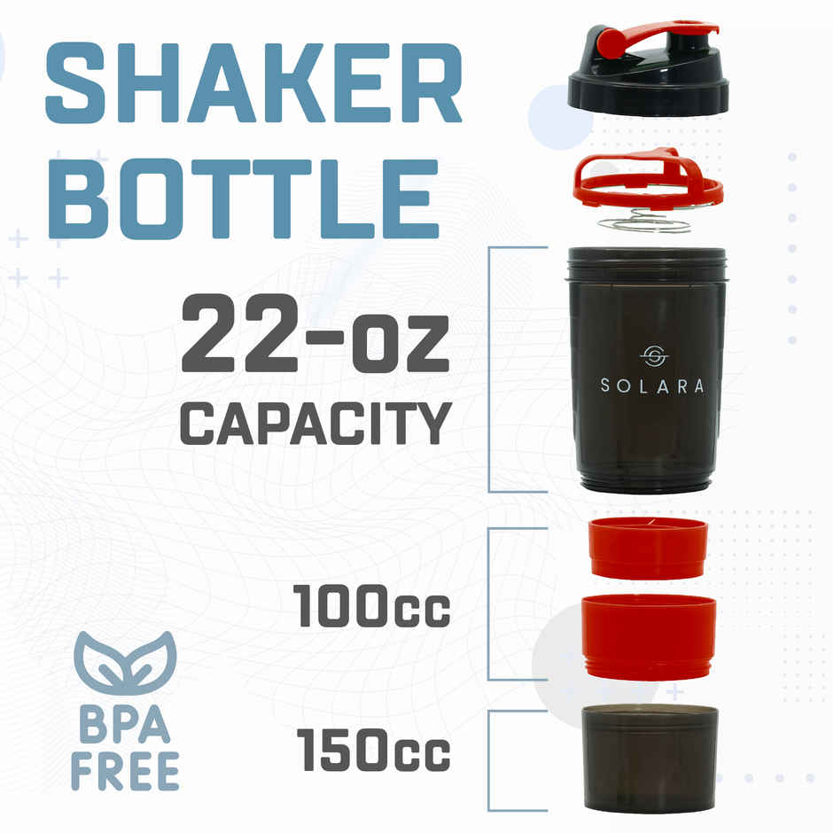 Solara Tritan Protein Shaker Bottle for Gym with Two Layer Extra Storage | Black and Red - 900 ml