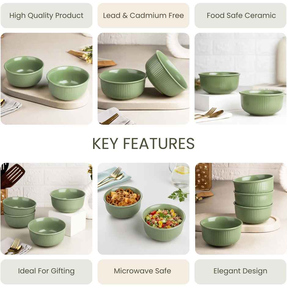 The Earth Store Green Fringe 2Pc Ceramic Bowl Gift Set, 500 ml Each Microwave Safe, Snack Serving