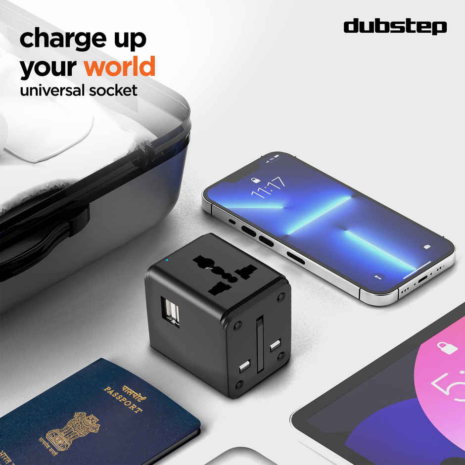 Dubstep Voyager 12W Universal Travel Adaptor, All in One Worldwide Travel Adapter and Wall Charger with Dual USB-A Ports & Power Led Light, 200+ Countries Compatible - Black
