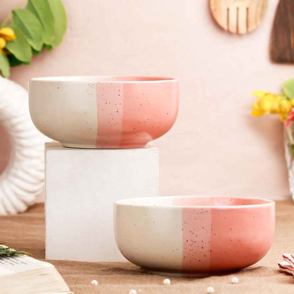The Earth Store TT Pink Matte 2Pc Ceramic Bowl Gift Set, 500 ml Each Microwave Safe, Snack Serving