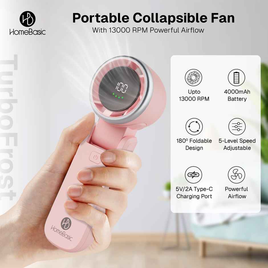 Homebasic Turbo Frost Mini USB Portable Fan,13000RPM,100 Speeds,Rechargeable, Digital Display, Pink