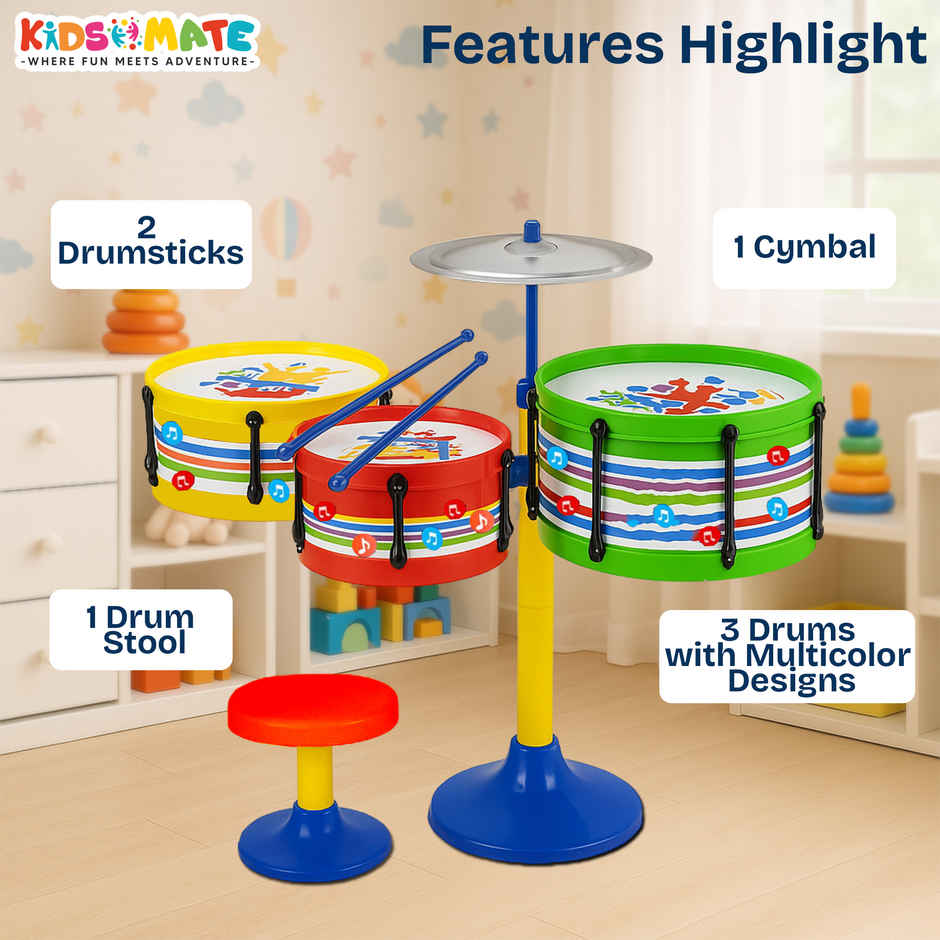 Kidsmate Lil Beats Drum Set for Kids| 3 Drums, 1 Cymbal, Drumsticks & Stool | Multicolor