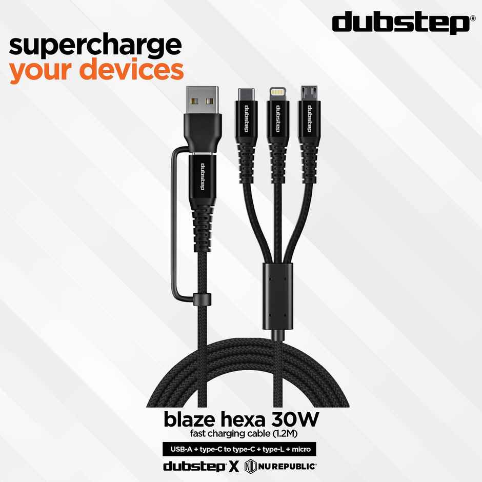 Dubstep Blaze Hexa 30W 6 in 1 USB Cable 1.2m with Changeable USB Head to USB-A to Type-C To Type-C + MicroUSB + Type-L Fast Charging Cable (Compatible with Mobile, Tablet, Laptop, Black, One Cable) - Black