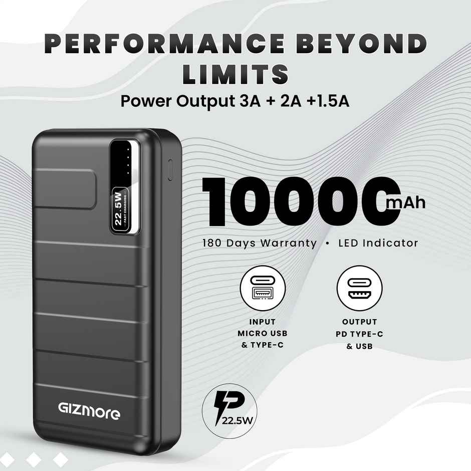 GIZMORE 10000mAh PD Wired Power Bank 22.5W Fast Charging | Dual USB Output, 1 Micro USB Input, Type C (Input & Output)|LED Indicator, Lightweight| Lithium Polymer Power Bank - Black