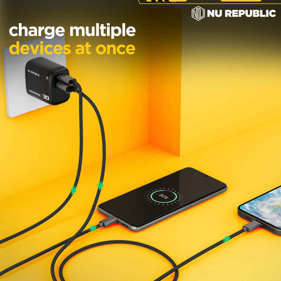 Nu Republic 30 W GaN 4 A Dual Port Mobile Charger with Detachable Cable - Black
