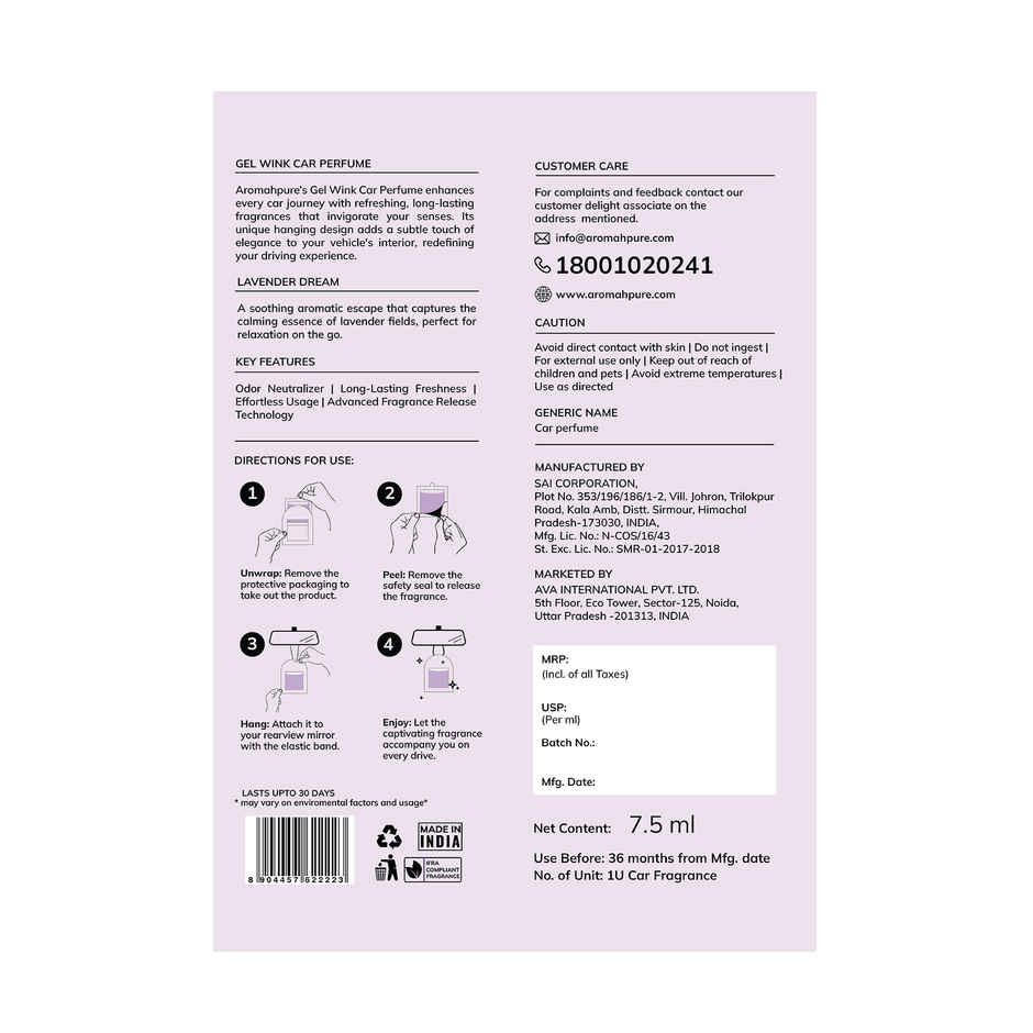 Aromahpure Gel Wink Car Perfume - Lavender Dream | Long-Lasting | 30 Days