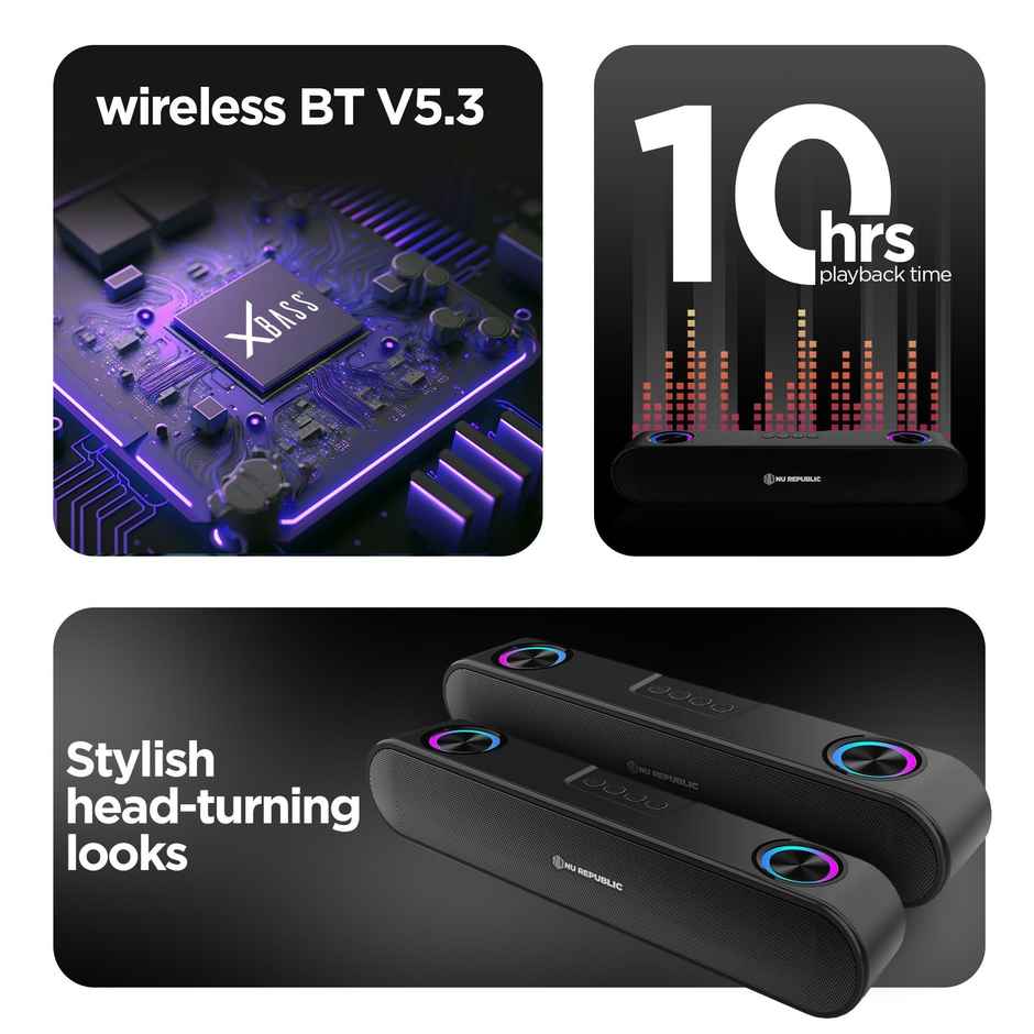 Nu Republic Party Box 16 Soundbar With X-BassTechnology, Upto 10 Hrs Playtime, Multiple RGB Modes, 16 W Bluetooth Soundbar, 2.0 Channel - Black