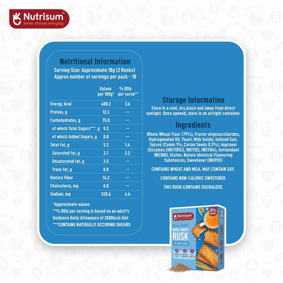 Nutrisum Whole Wheat Rusk - No Added Sugar- Jeera And Ajwain