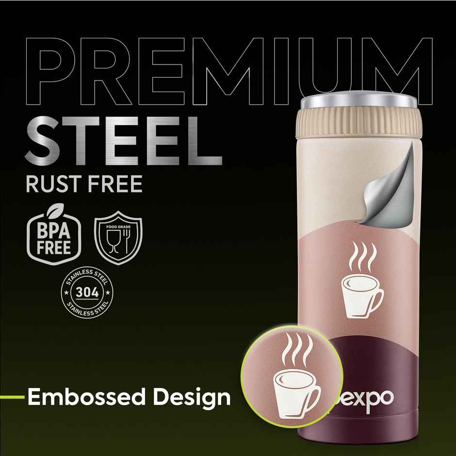 Pexpo Vacuum Insulated UV Bottle, Stainless Steel Hot & Cold Flask | Brown