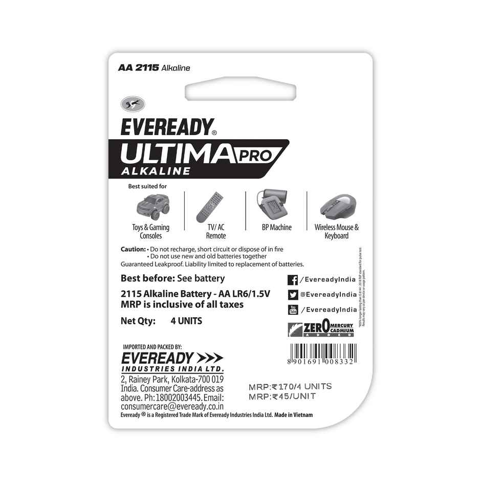 Eveready Ultima Pro Alkaline AA Battery | 800% Longer Lasting|Pack of 4