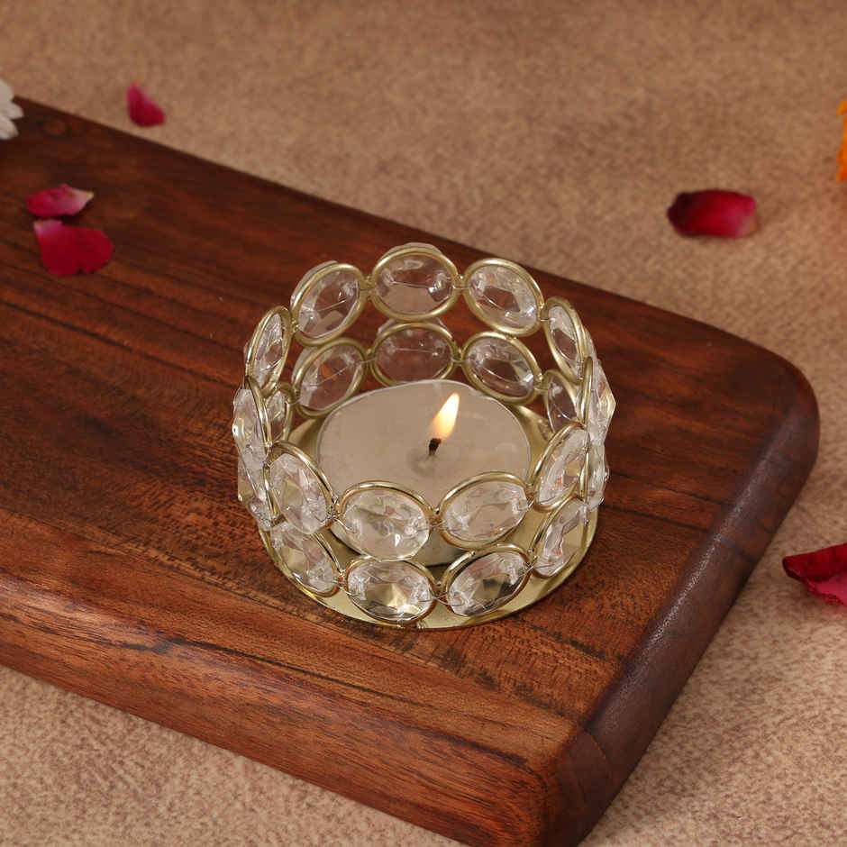 Crystal T-Light Holder | Metal | Gold | Urbanborn