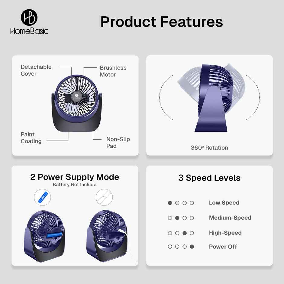 Homebasic Mini Rechargeable USB Portable Fan, 360 Degree Rotation, Handheld & Desk Fan | Blue