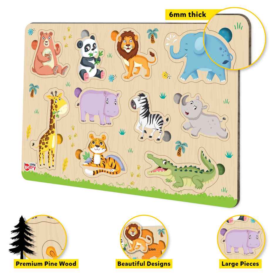Little Berry Jungle Animals Wooden Knob Puzzle Board For Kids With Pictures - Lb59