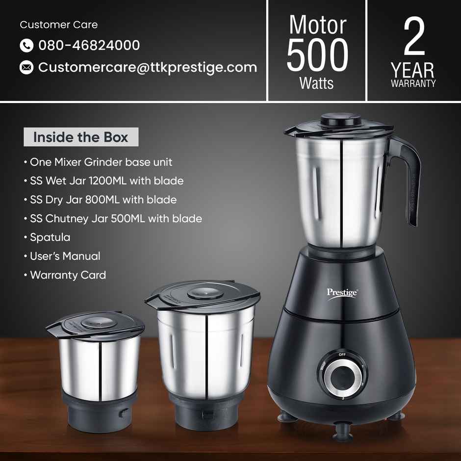 Prestige Apex Mixer Grinder | 500 W | 3 Jar | Super Efficient Stainless Steel Blades - Black