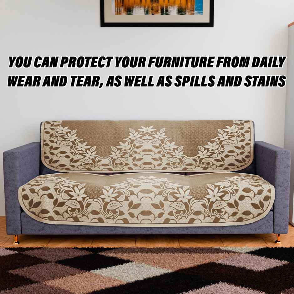 Kuber Industries Cotton Flower | Long Sheet 3 | Seater Sofa Slip Cover for Living Room | Brown