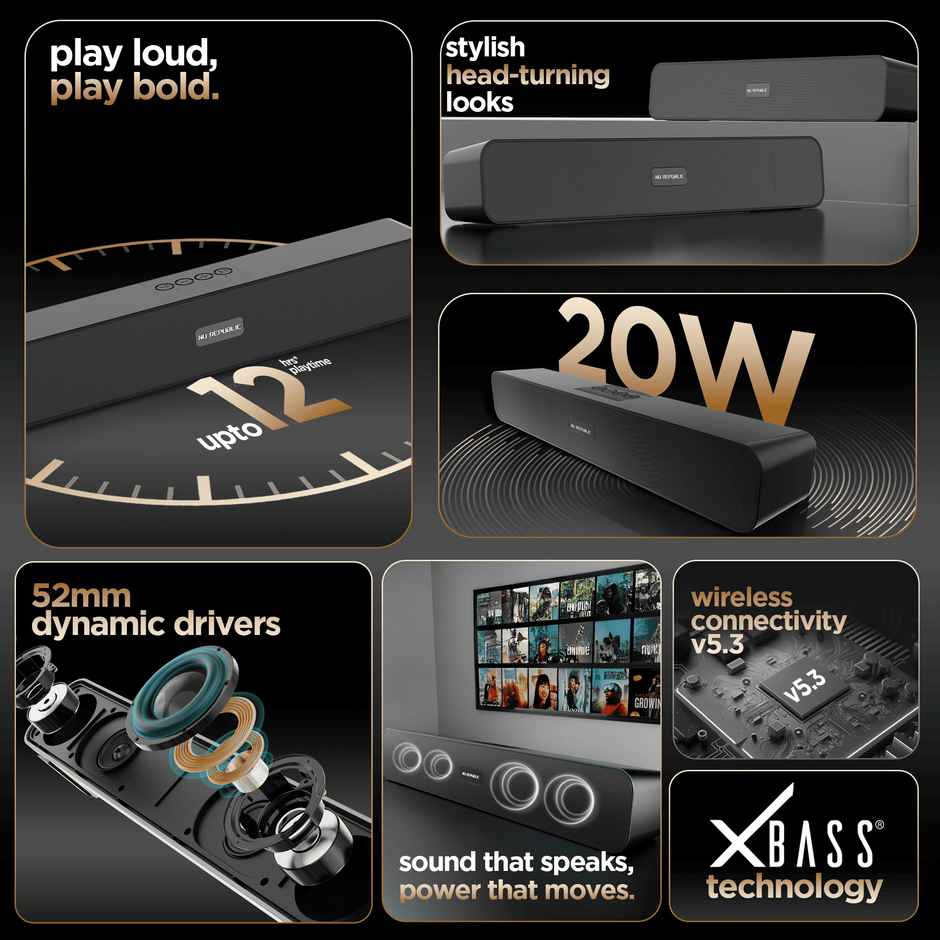 Nu Republic Soundbar 20 Bluetooth Soundbar with X-Bass Technology, 52mm Dynamic Drivers, Upto 12 Hrs Playtime, 20 W Output, Aux/USB Port, 5.0 Channel - Black