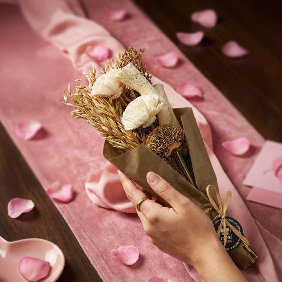 Ivory Blooms Dry Flower Bouquet with Fragrance Spray | Ideal for Gifting | IRIS