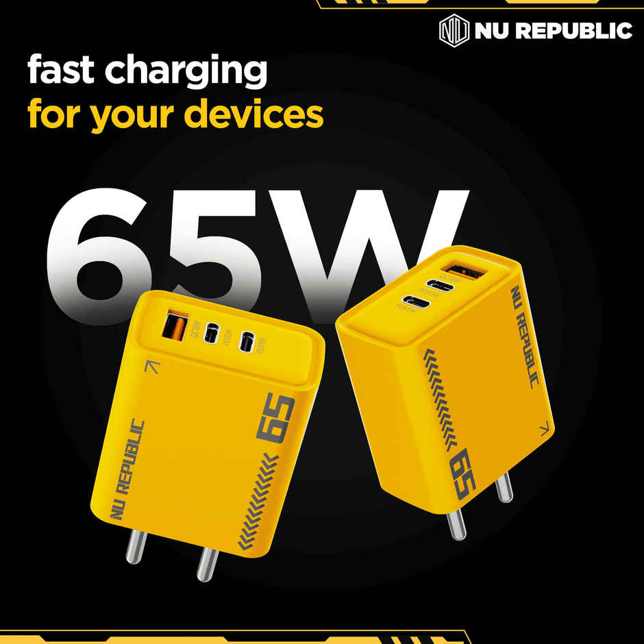 Nu Republic Cybotron 65W Gan Superfast Wall Charger with Type-C To Type-C Cable (Yellow)