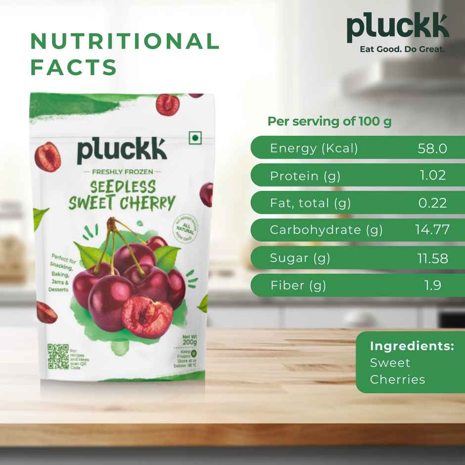 Pluckk Fresh Frozen Seedless Cherry Natural No Added Sugar Non GMO Antioxidant Potassium Rich Snack