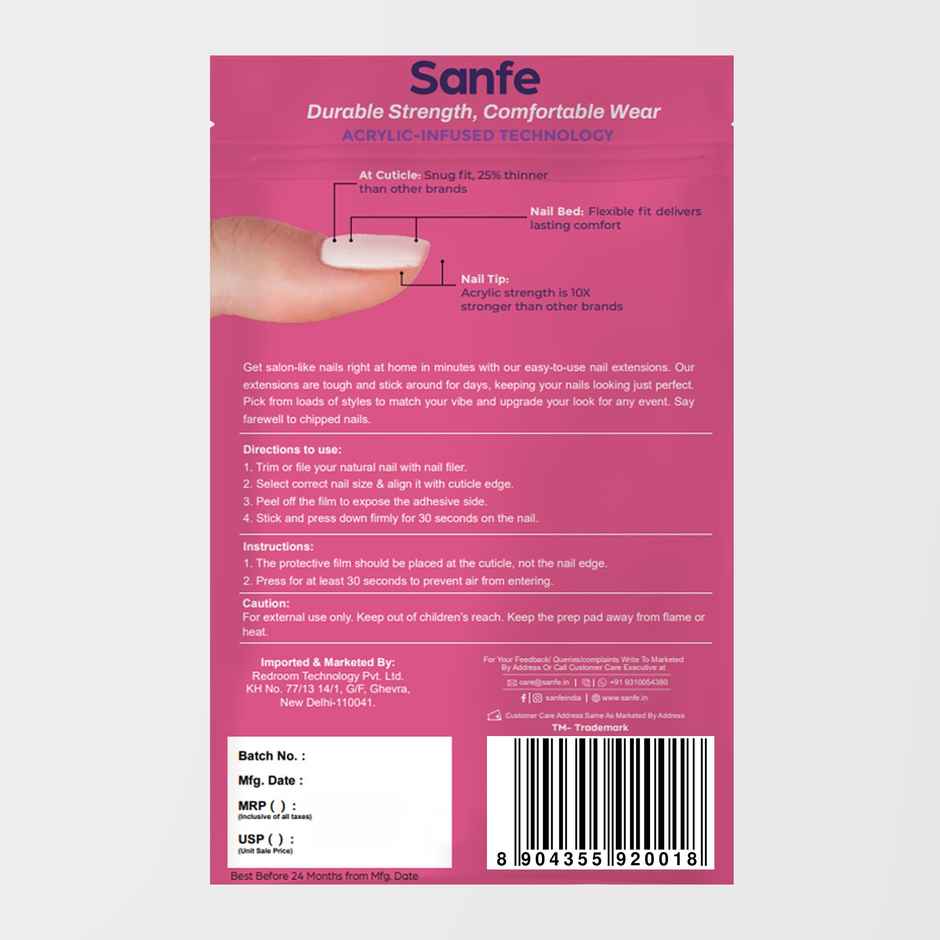 Sanfe Instant Stick On Nails - French Almond | Press On Nails Kit | Artificial Nails Set