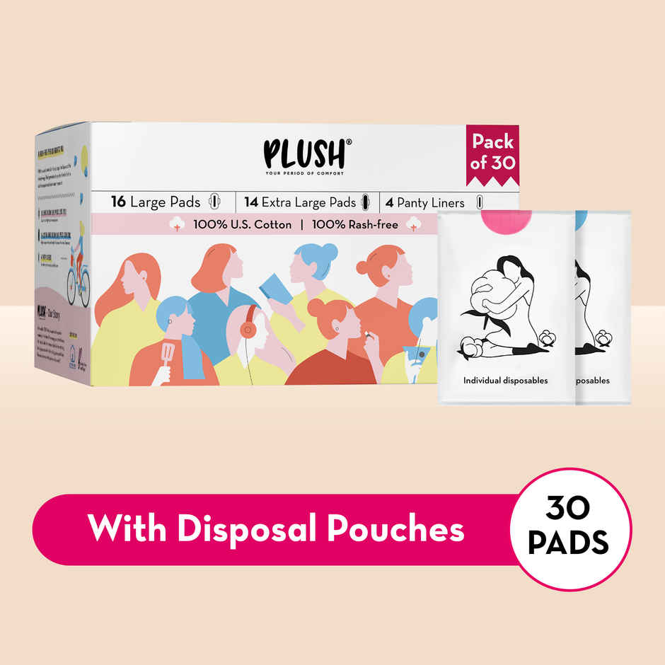 Plush Sanitary Pads Curated - (30pc) & 100% Pure US Cotton Panty Liners 150 Mm(20pc) Combo