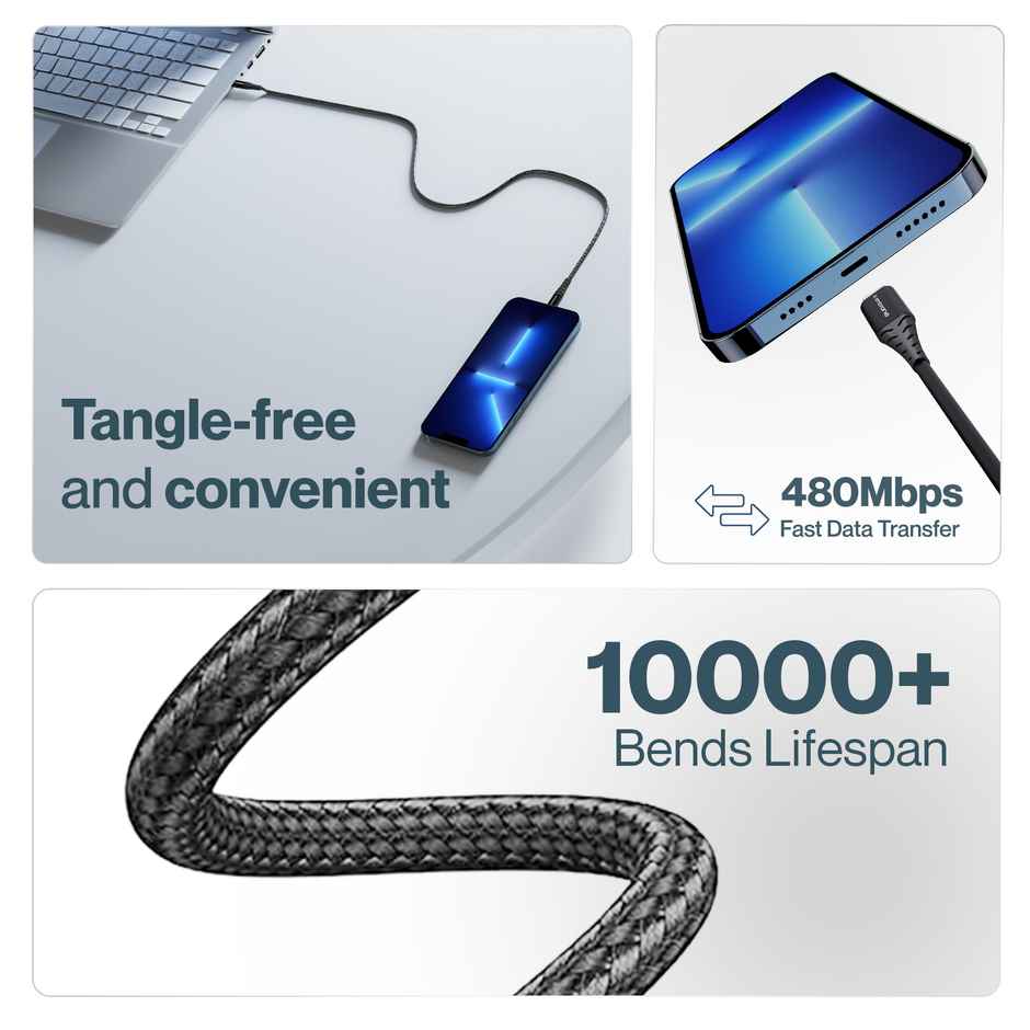 Ambrane RCTT15 Unbreakable 60W Fast Charging 1.5M Braided Type C to Type C Cable for Smartphones, Tablets, Laptops & Other Type C Devices, PD Technology, 480Mbps Data Sync - Black