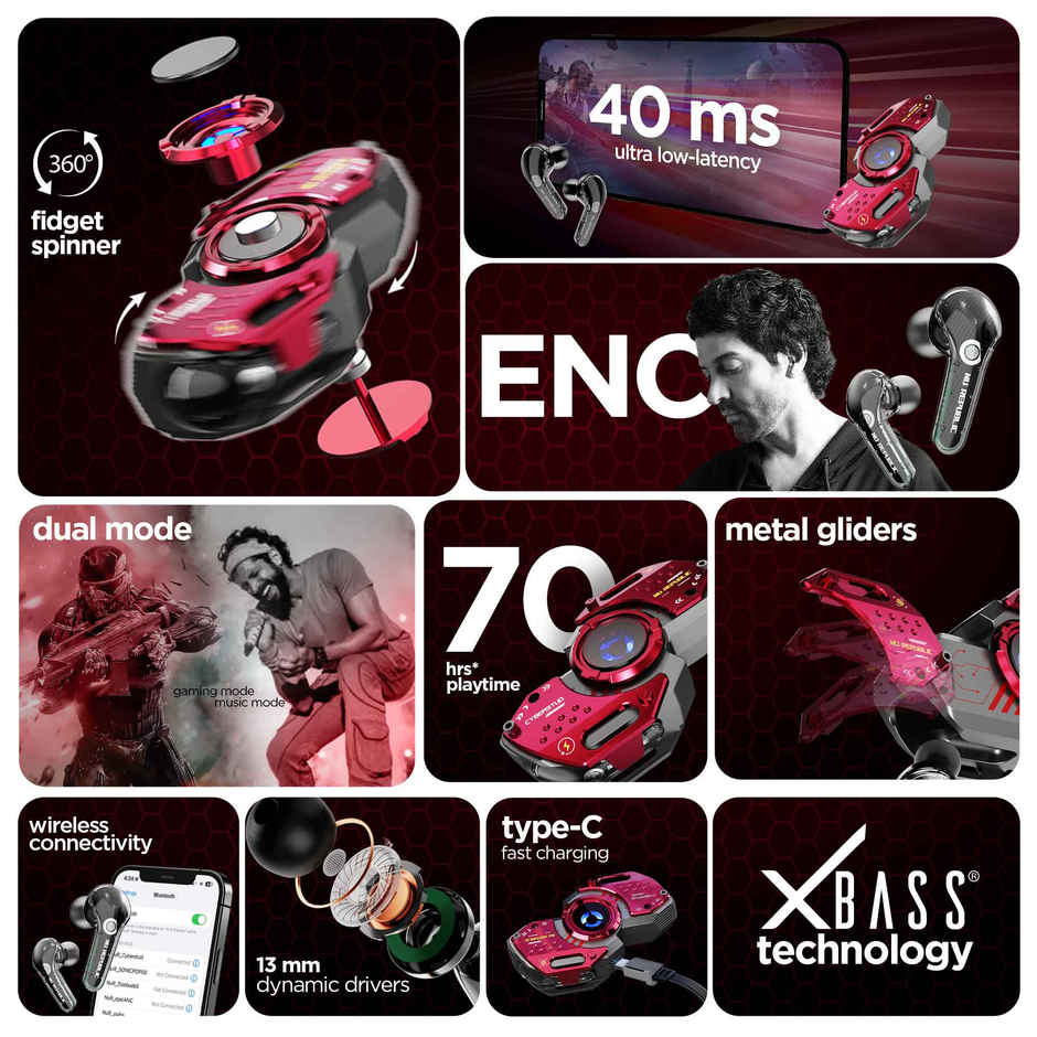 Nu Republic Cyberstud Fidget Spinner Earbuds Bluetooth Wireless with X-Bass, ENC Technology, 70 Hrs Playtime, 13mm Dynamic Drivers, Fast Charge, Dual Mode (Game/Music) - Red/Grey