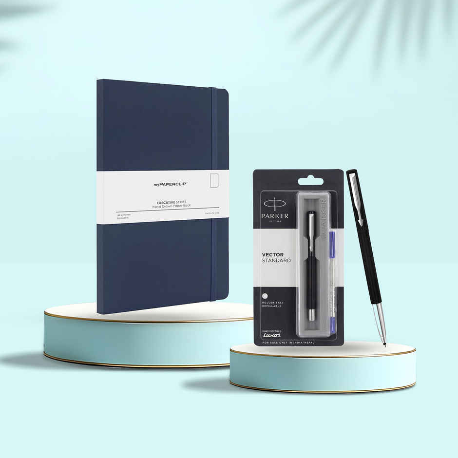Parker Vector Standard Roller Ball Pen Chrome Trim Black Body (Blue Ink) (1pc) & Mypaperclip Executive Series A5 Notebook | Soft Cover | Blue | 240 Plain Pages | Flat-Lay Design (1pc) Combo
