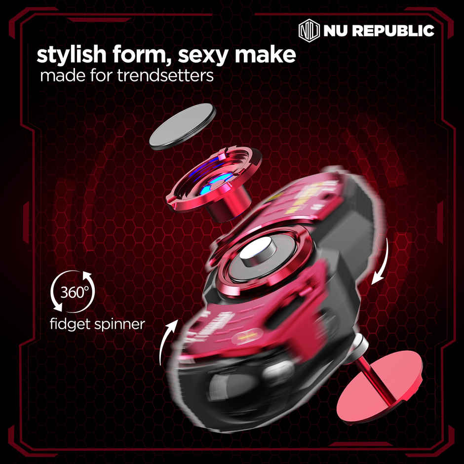 Nu Republic Cyberstud Fidget Spinner Earbuds Bluetooth Wireless with X-Bass, ENC Technology, 70 Hrs Playtime, 13mm Dynamic Drivers, Fast Charge, Dual Mode (Game/Music) - Red/Grey