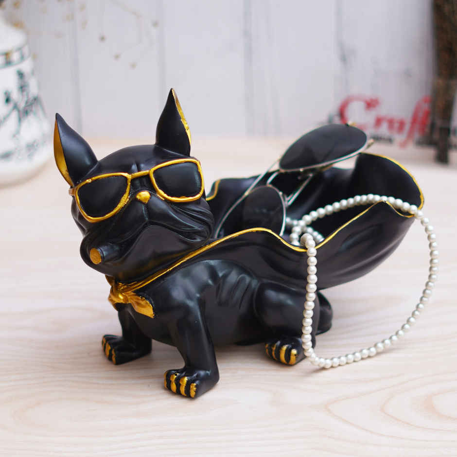 eCraftIndia Black Bull Dog Statue in Glasses with Cape Serving Tray Showpiece