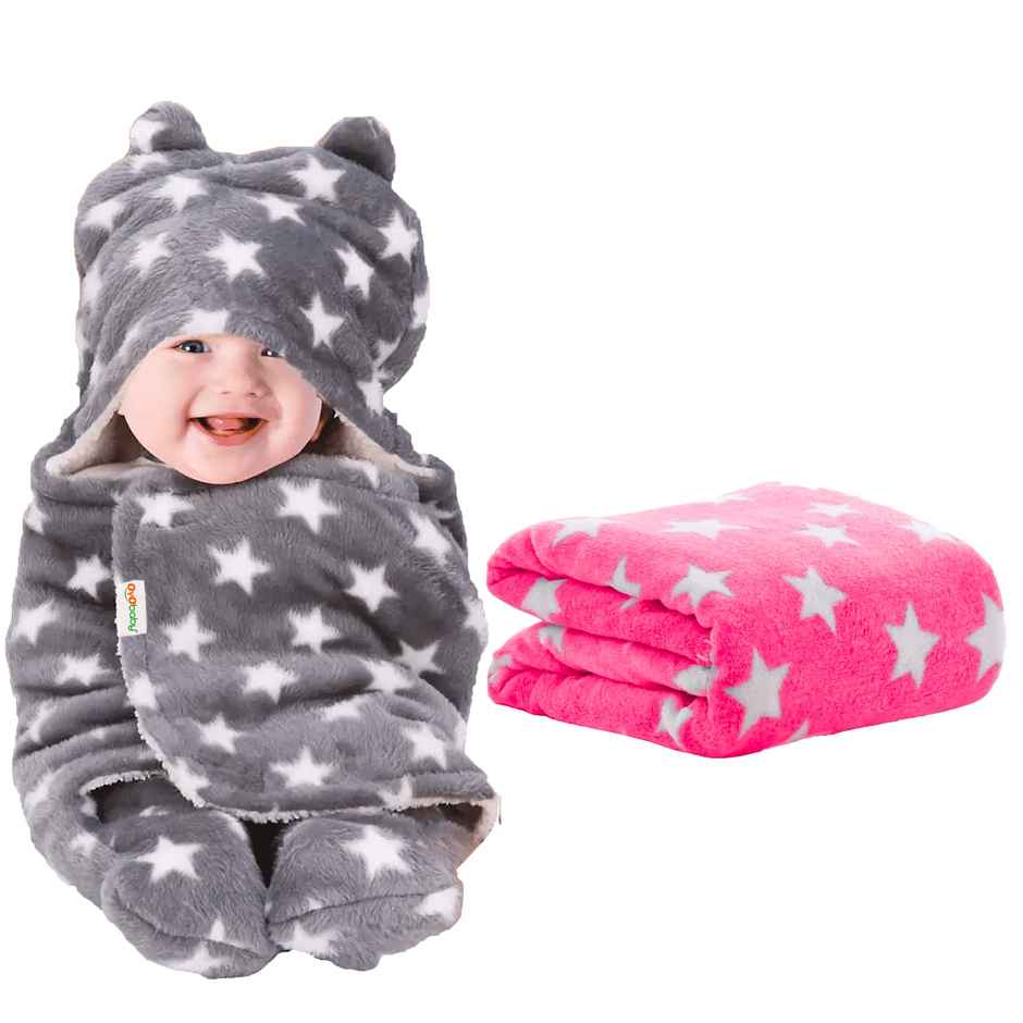 Oyo Baby Blanket New Born Babiessoft Baby Combo Wrapper Pink & Grey Star Printed