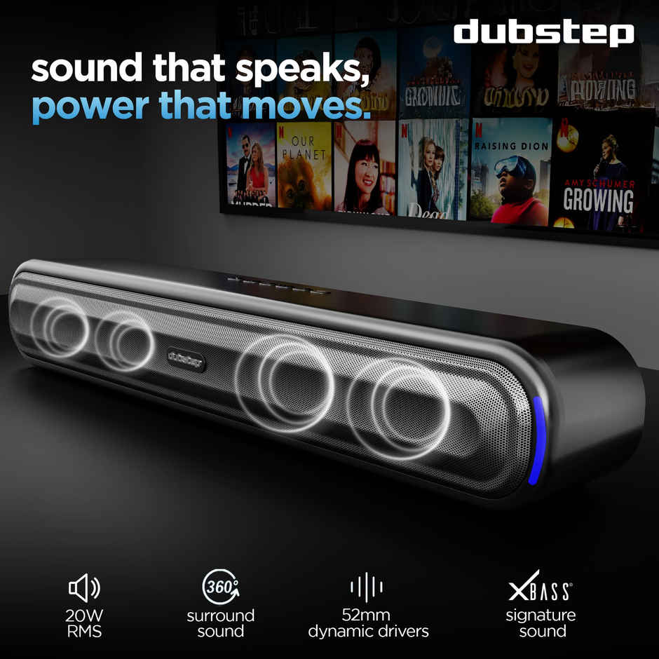 Dubstep Move 200 Soundbar With 12 Hrs Playtime, 52mm Dynamic Drivers, TWS Pairing 20 W Bluetooth Soundbar, 2.0 Channel - Black