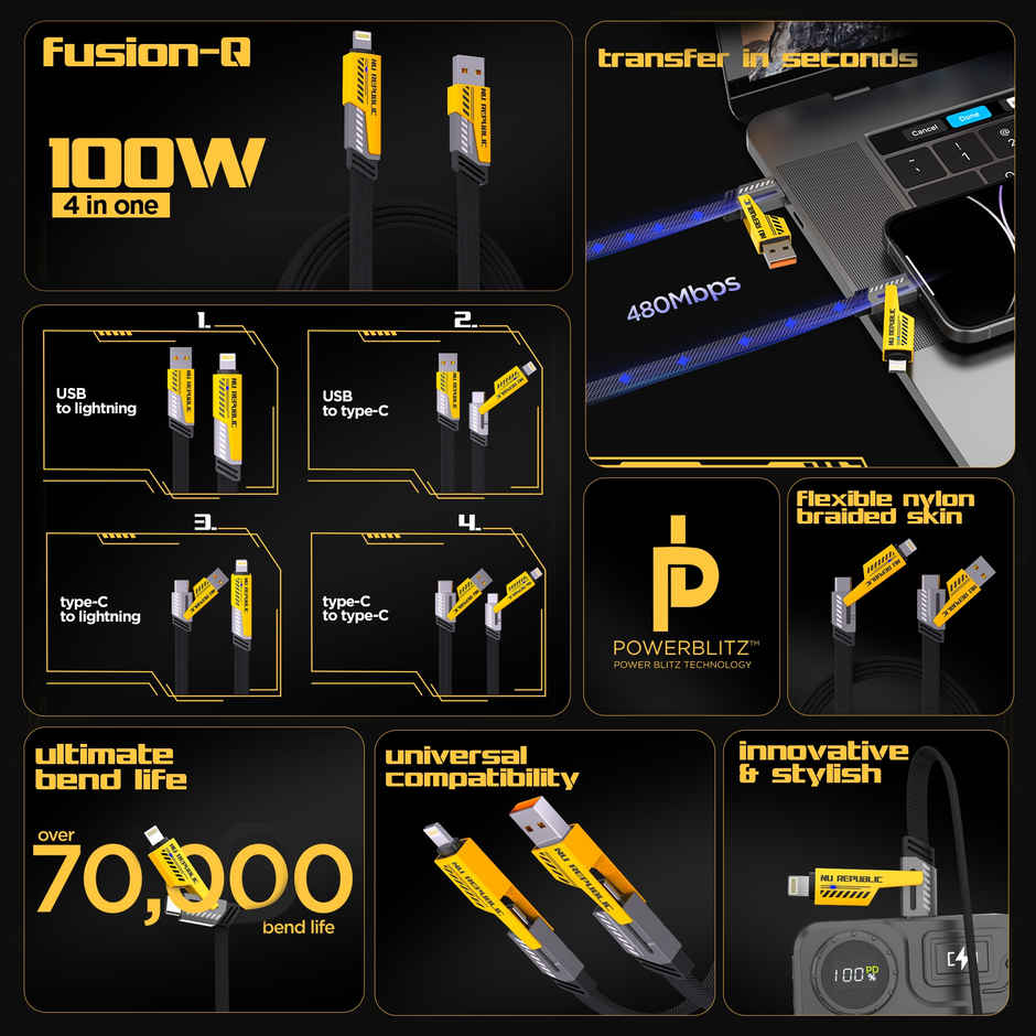 Nu Republic Blaze Fusion-Q 100W 4-In-One 1.2 M USB-A To Type-C To Type-C + Type-L Metal Connector Fast Data Charging Carbon Texture Braided Cable For Personalcomputer,1.2M - Black & Yellow