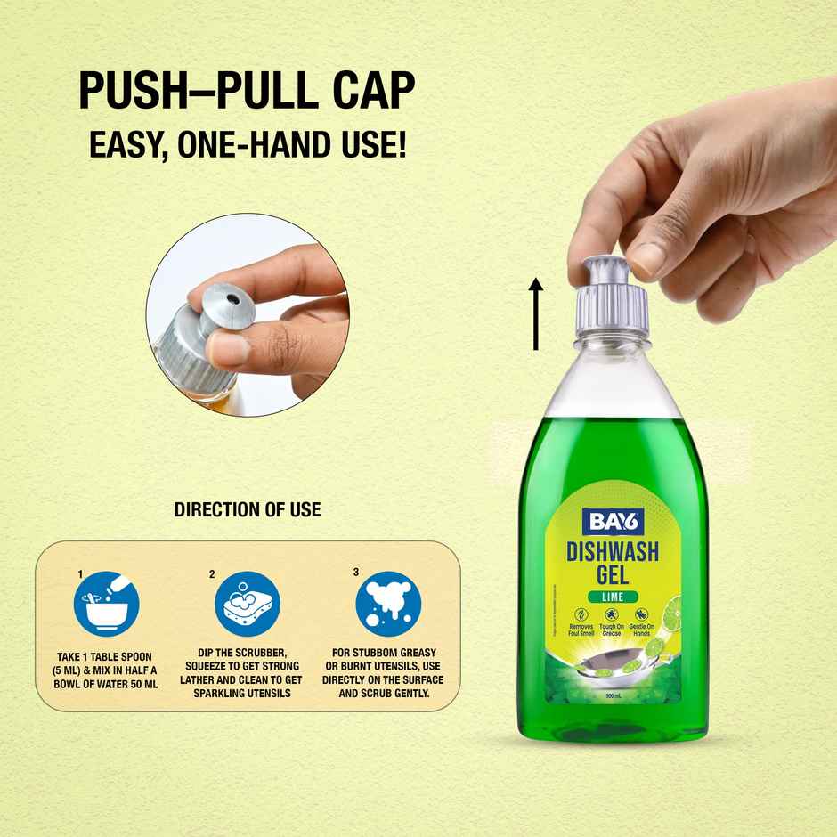 BAY6 Dishwash Gel Liquid Lime Tough Grease & Foul Smell Removal