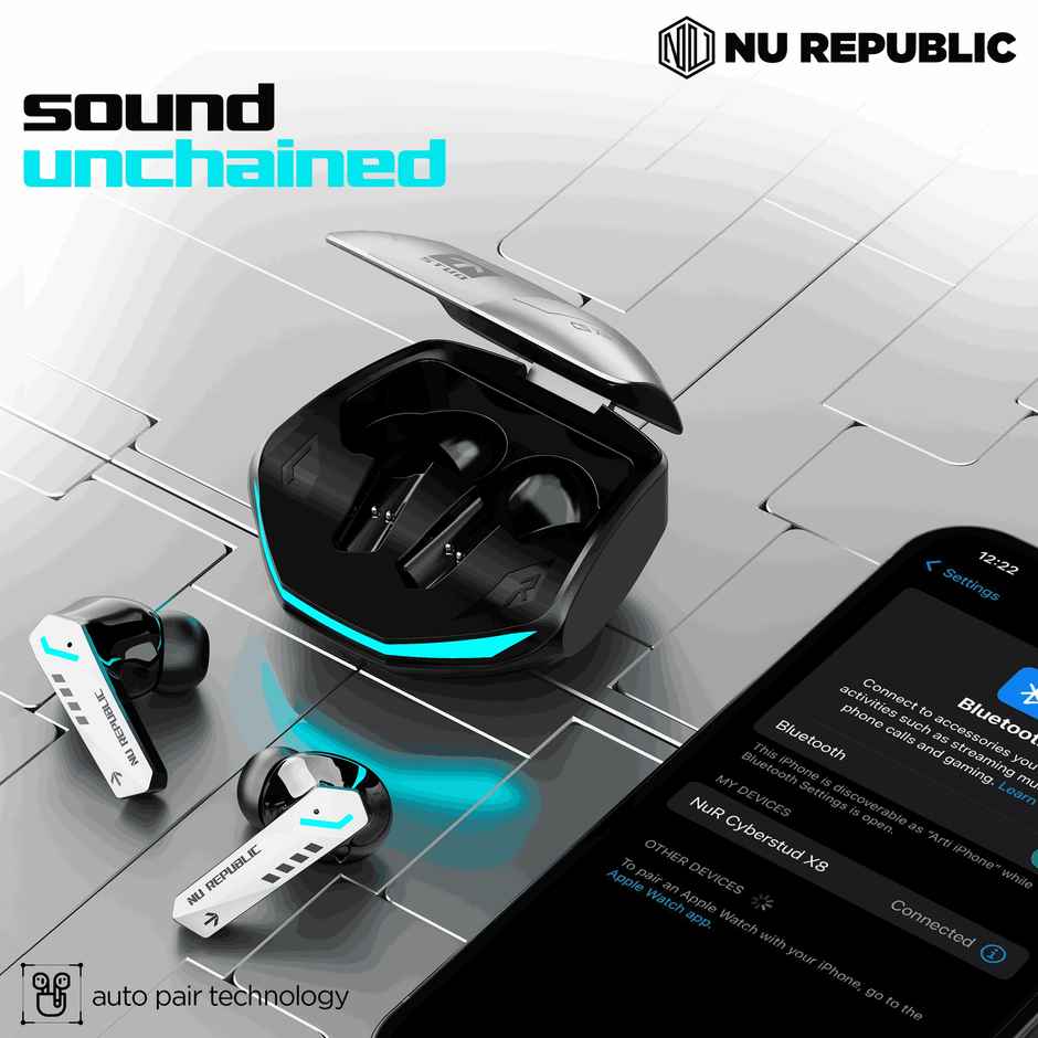 Nu Republic Cyberstud X8 TWS Earbuds, Up to 56Hrs Playtime, 40ms Ultra Low Latency, ENC Mics, 13mm Neodymium Drivers, XBass Technology, Dual Mode for Gaming & Music, Bluetooth 5.3 - Silver