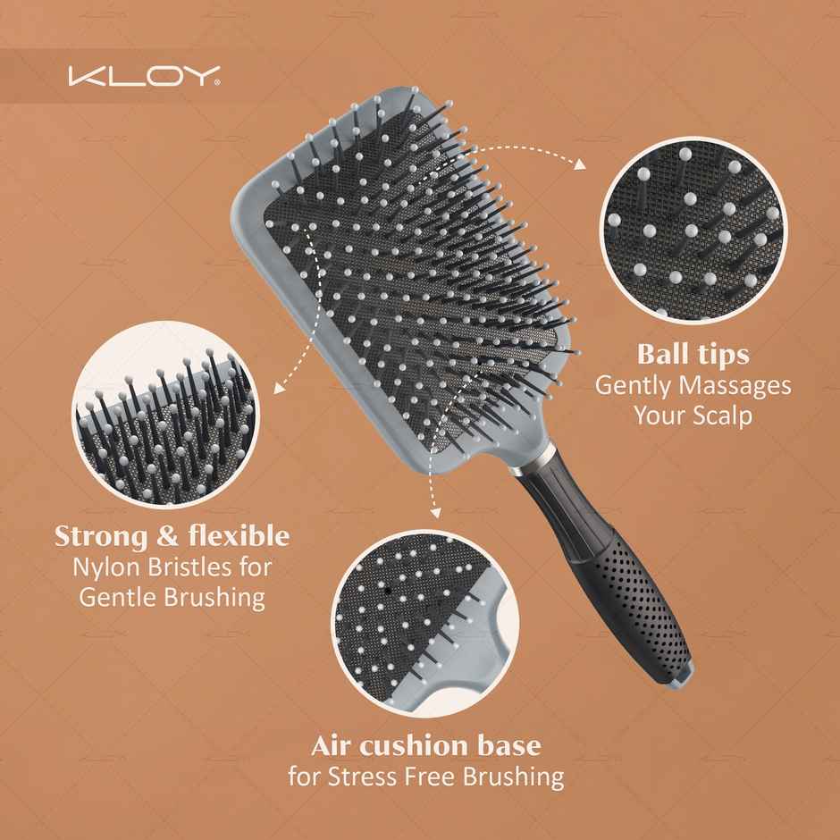 Kloy Ultra Paddle Hair Brush With Large Coverage | Soft Ball-Point Bristles For Men And Women Grey
