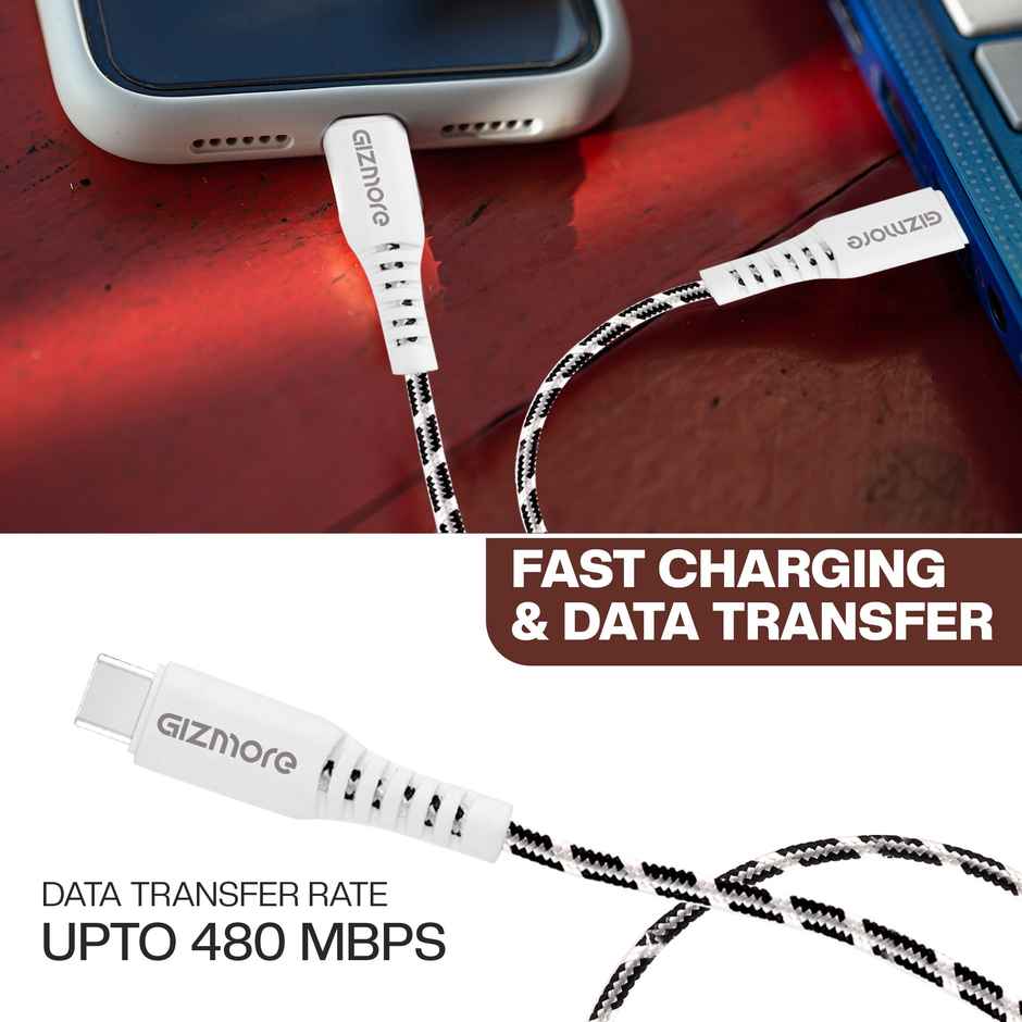 Gizmore (WCC65) 65W Type C To Type C Fast Charging Cable For Smartphones and Laptops, 1M, Premium Braided - Black & White
